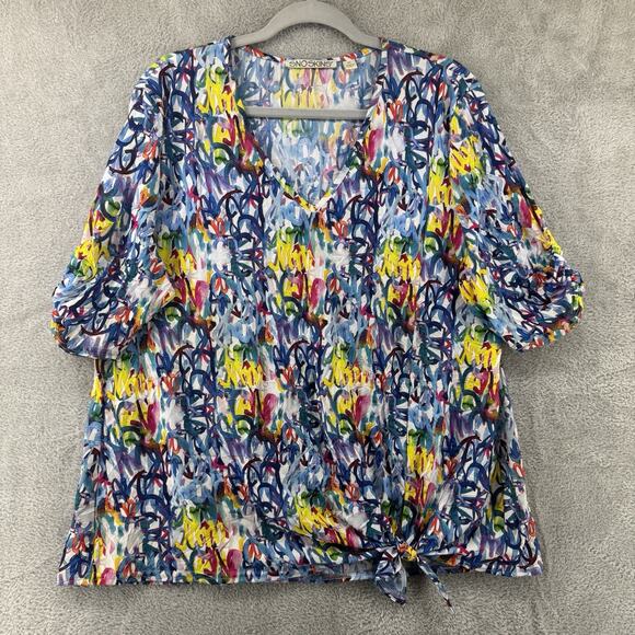 SNOSKINS Top Womens XL Blue Stretch Tie Hem V- Neck Elbow Sleeve Art to Wear - Picture 1 of 13